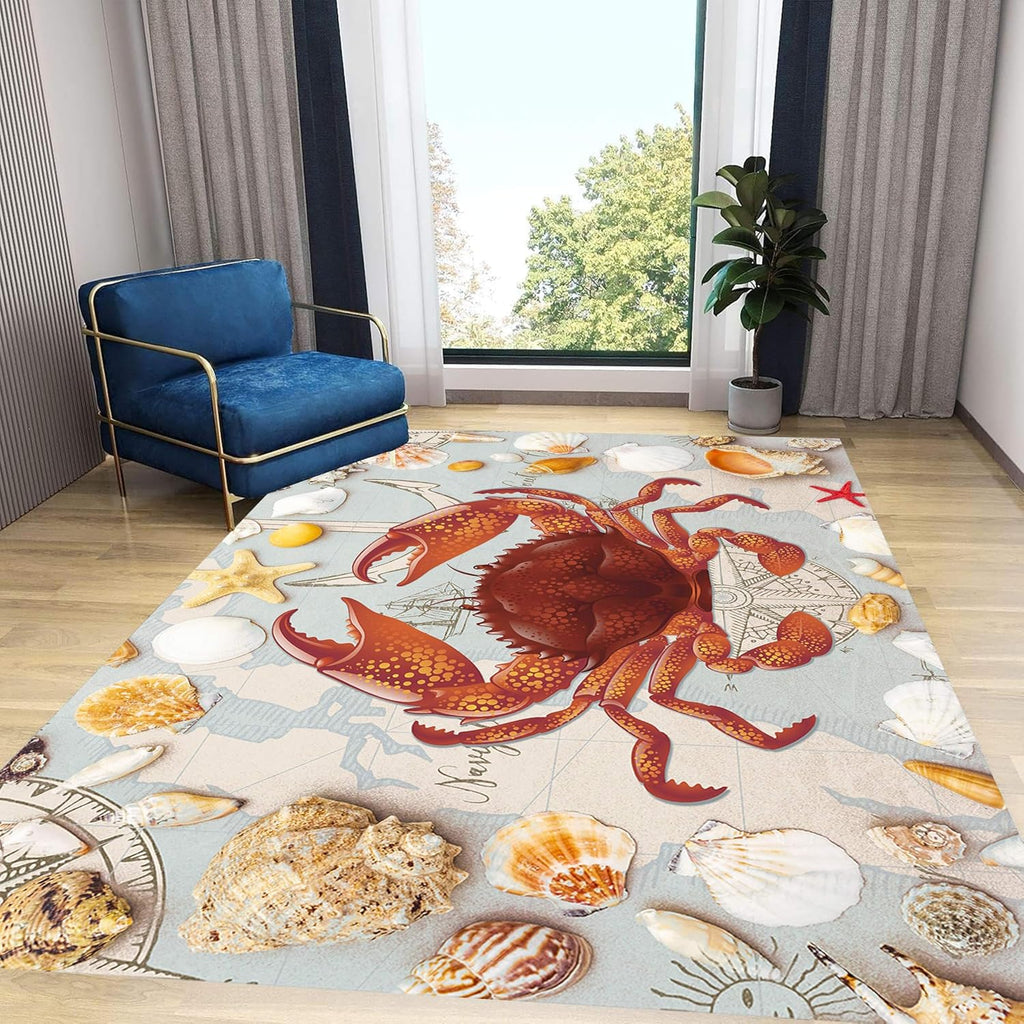Nautical Theme Area Carpets, 3x4ft, Ocean Crab Shell Floor Rugs, Vintage Compass Anchor Printed Carpets, Machine Washable Foldable Easy-Clean Mats for Dining Room Runners