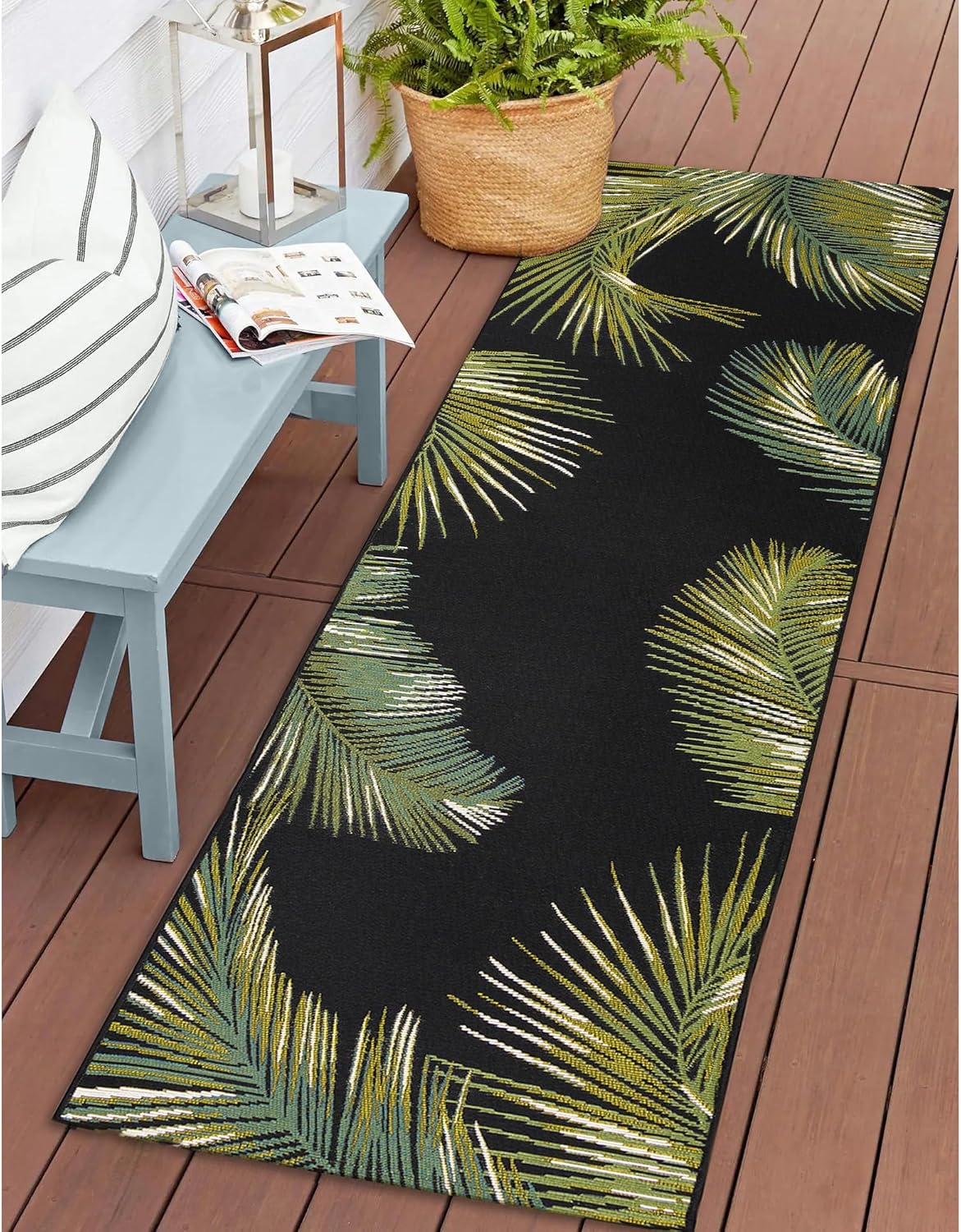 Liora Manne Marina Indoor/Outdoor Power Loomed Synthetic Blend Low Profile Area Rug - Transitional Border Botanical Beach Colorful (Palm Border Black) (1'11" x 7'6")