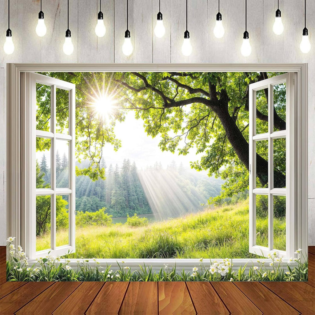 20x10ft Spring Tree Backdrops for Photography Window Floral Backdrop Spring Flowers Floral Backdrop Garden Nature Scene Background Portrait Photo Props Bridal Shower Birthday Party Banner