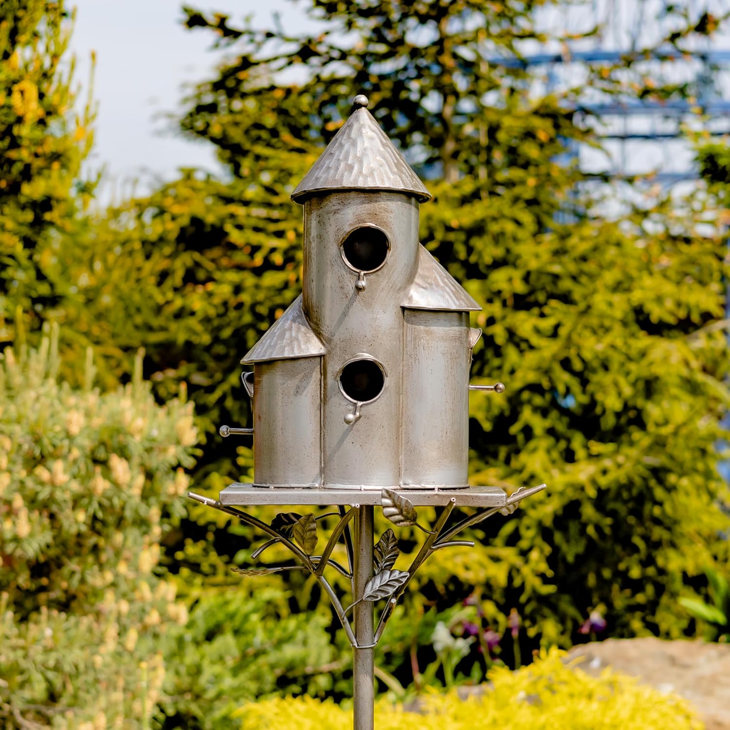 Zaer Ltd. Large Silver Colored Multi-Birdhouse Stakes, Room for 4 Bird Families in Each (Tall Triple Cylinder Homes (Silver Color))
