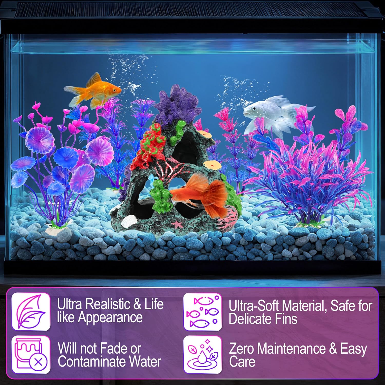 MyLifeUNIT Fish Tank Decorations, 7 Pieces Aquarium Plants Set with Coral Reef Decoration Mountain Cave Ornament for Betta, Goldfish, Shrimp to Breed, Play and Rest (Purple)