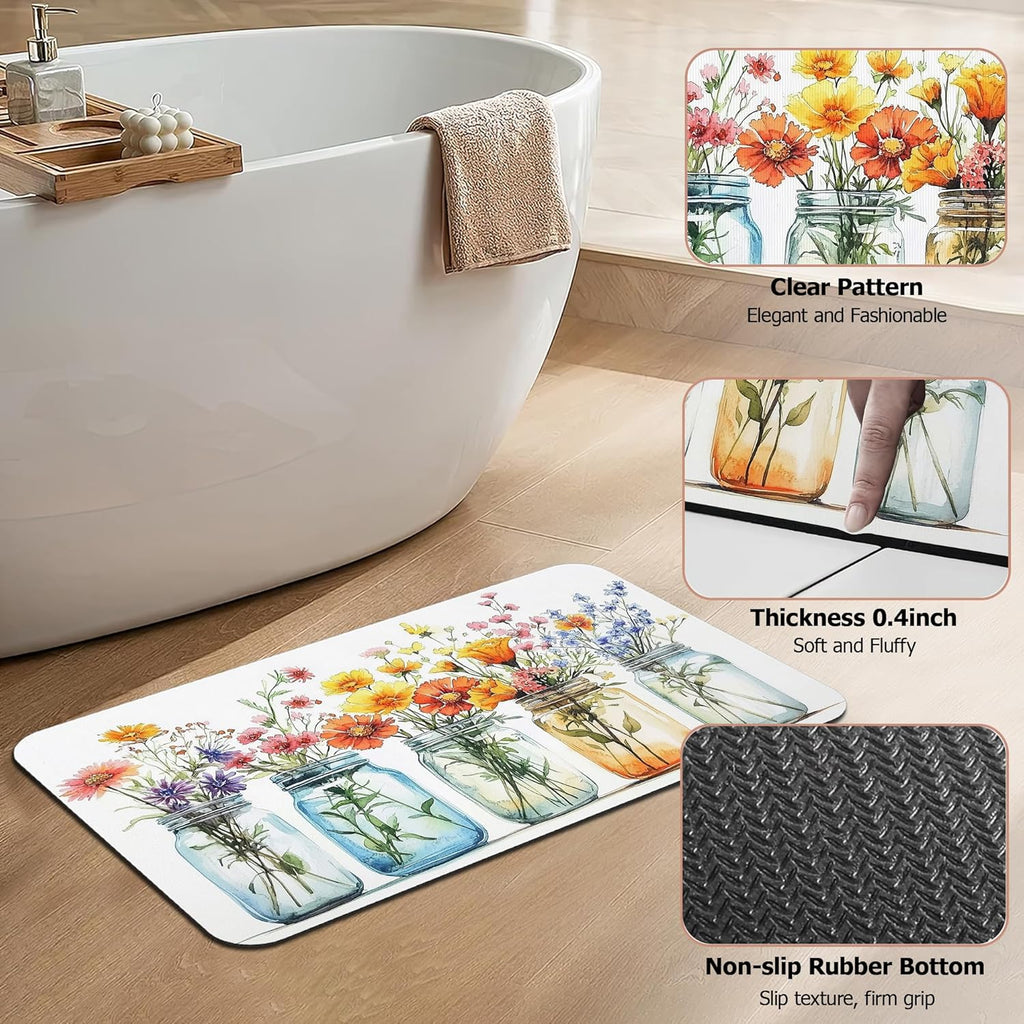 Color Floral Bath Mat,Diatomaceous Earth Bath Mat,Rubber Backing Quick Dry Absorbent Washable Bathroom Rugs for Tub Non Slip 17"x29.5"