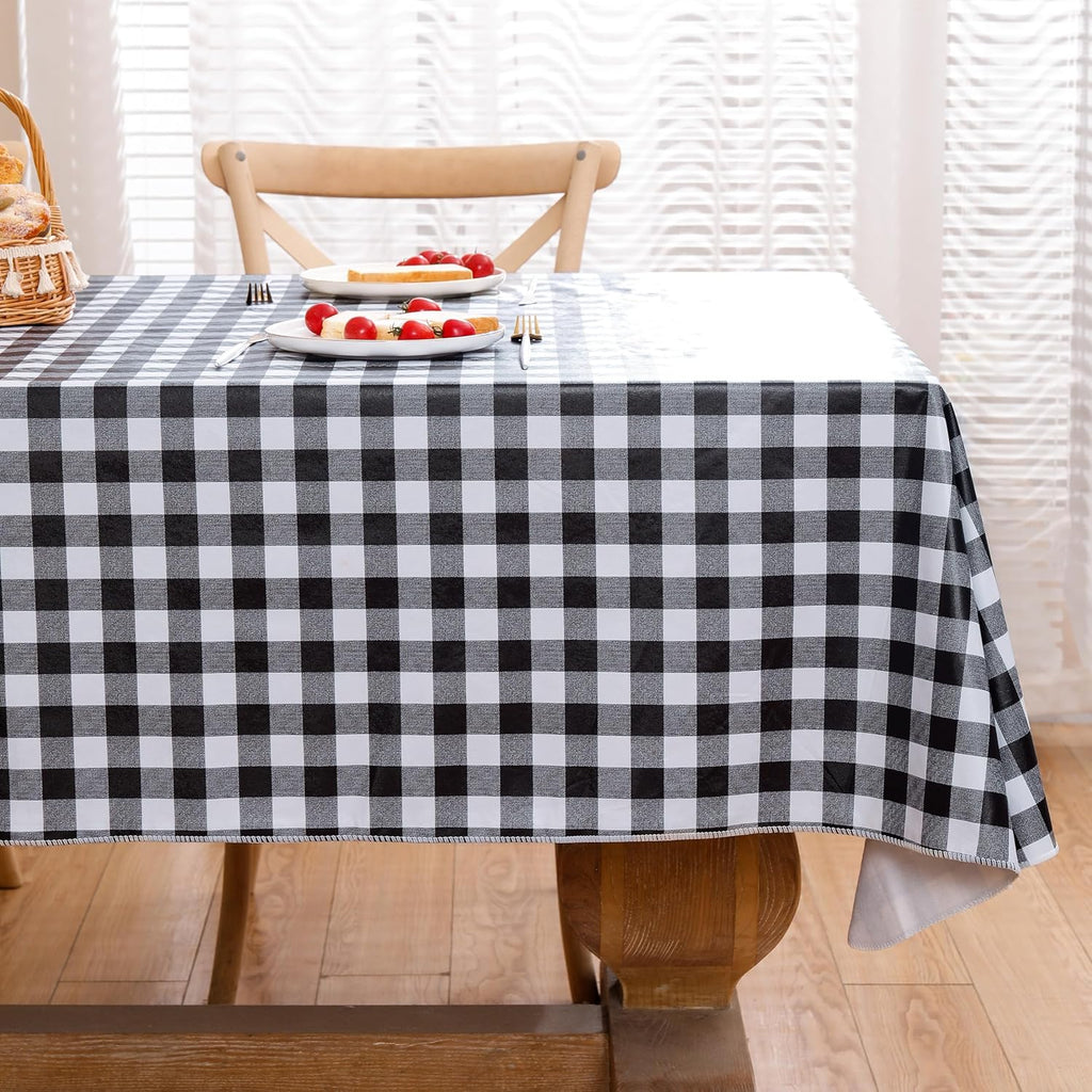 Heavy Duty Vinyl Tablecloth with Flannel Backing Waterproof Oil-Proof Plastic Table Cloth Stain-Resistant Wipeable Rectangle or Square Table Cover for Indoor and Outdoor (Black Checkered, 60x84 Inch)