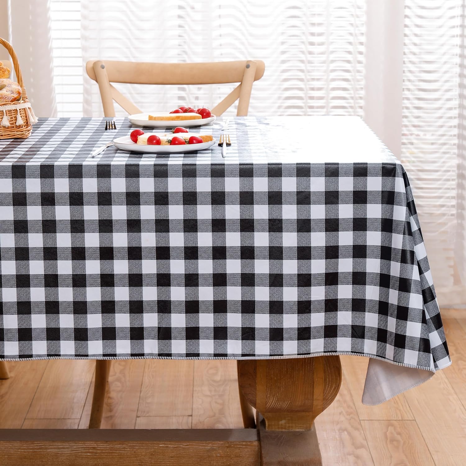 Heavy Duty Vinyl Tablecloth with Flannel Backing Waterproof Oil-Proof Plastic Table Cloth Stain-Resistant Wipeable Rectangle or Square Table Cover for Indoor and Outdoor (Black Checkered, 60x84 Inch)