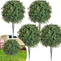 4 Pcs Artificial Boxwood Topiary Ball Bush 26" Tree UV Resistant with Spike Easy to Push in The Ground Fake Boxwood Plants Faux Greenery Shrubs for Indoor Outdoor Home Garden (Dark Green)