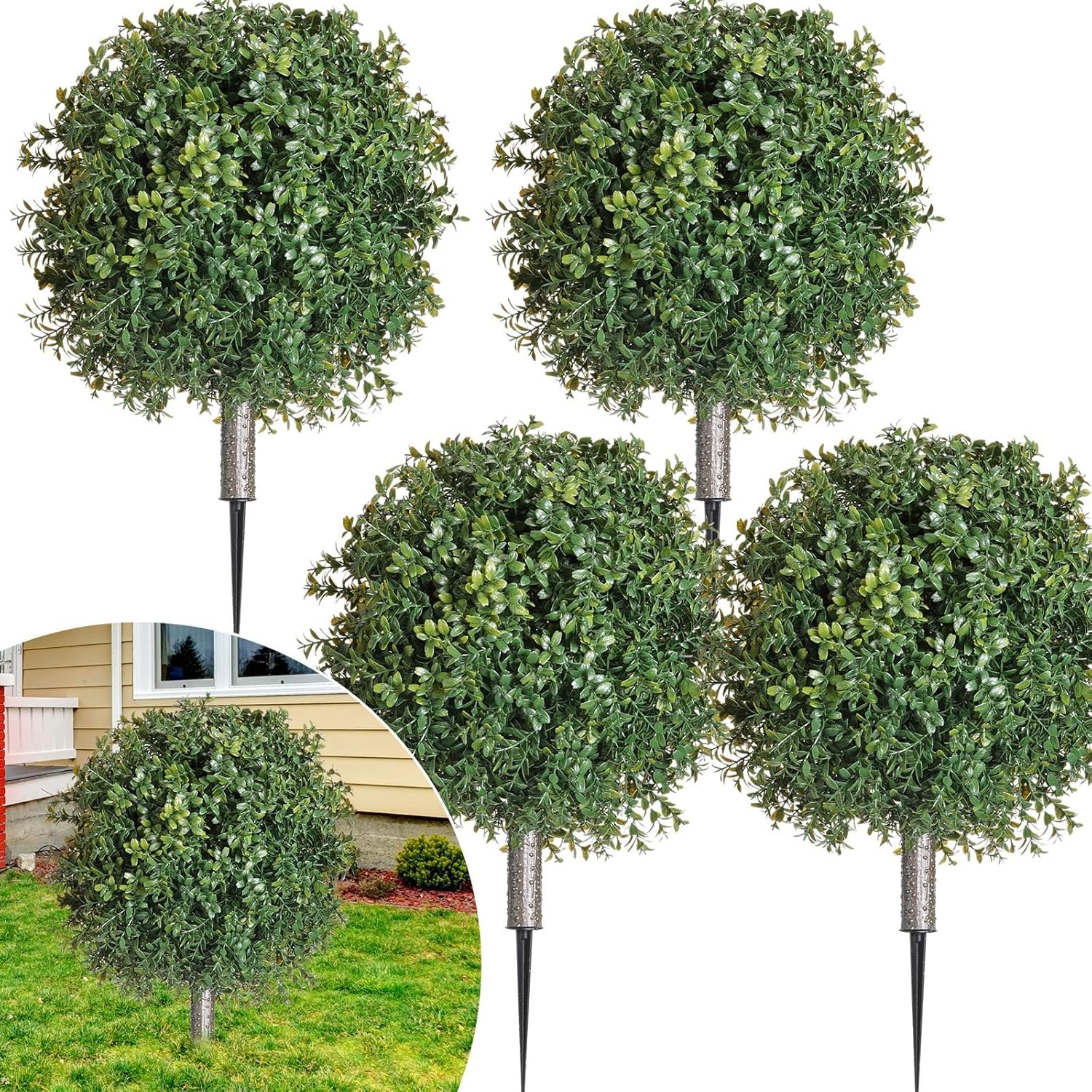 4 Pcs Artificial Boxwood Topiary Ball Bush 26" Tree UV Resistant with Spike Easy to Push in The Ground Fake Boxwood Plants Faux Greenery Shrubs for Indoor Outdoor Home Garden (Dark Green)