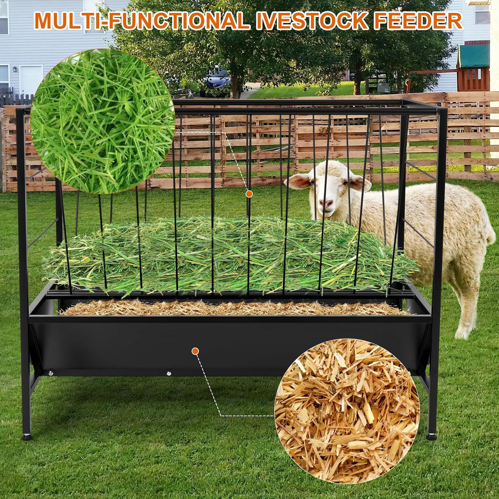Pasture Hay Feeder 50 Gallon, Heavy Duty 2-in-1 Livestock Feeder, Hay Grain Feeding with 30 Gallon Feed Pan, Black Powder Coated Surface Steel Livestock Feeder for Sheep, Calf, Cow and Horse