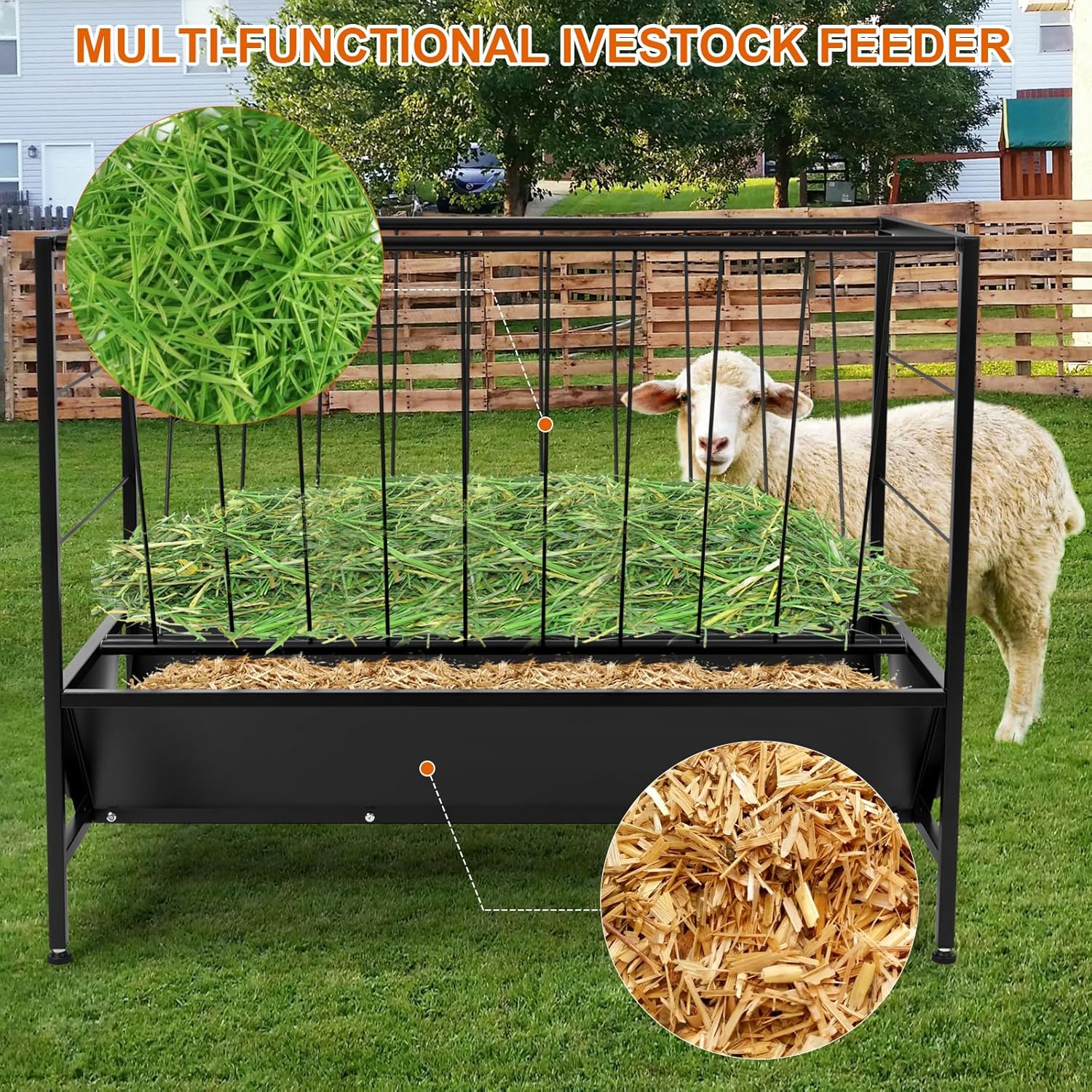 Pasture Hay Feeder 50 Gallon, Heavy Duty 2-in-1 Livestock Feeder, Hay Grain Feeding with 30 Gallon Feed Pan, Black Powder Coated Surface Steel Livestock Feeder for Sheep, Calf, Cow and Horse