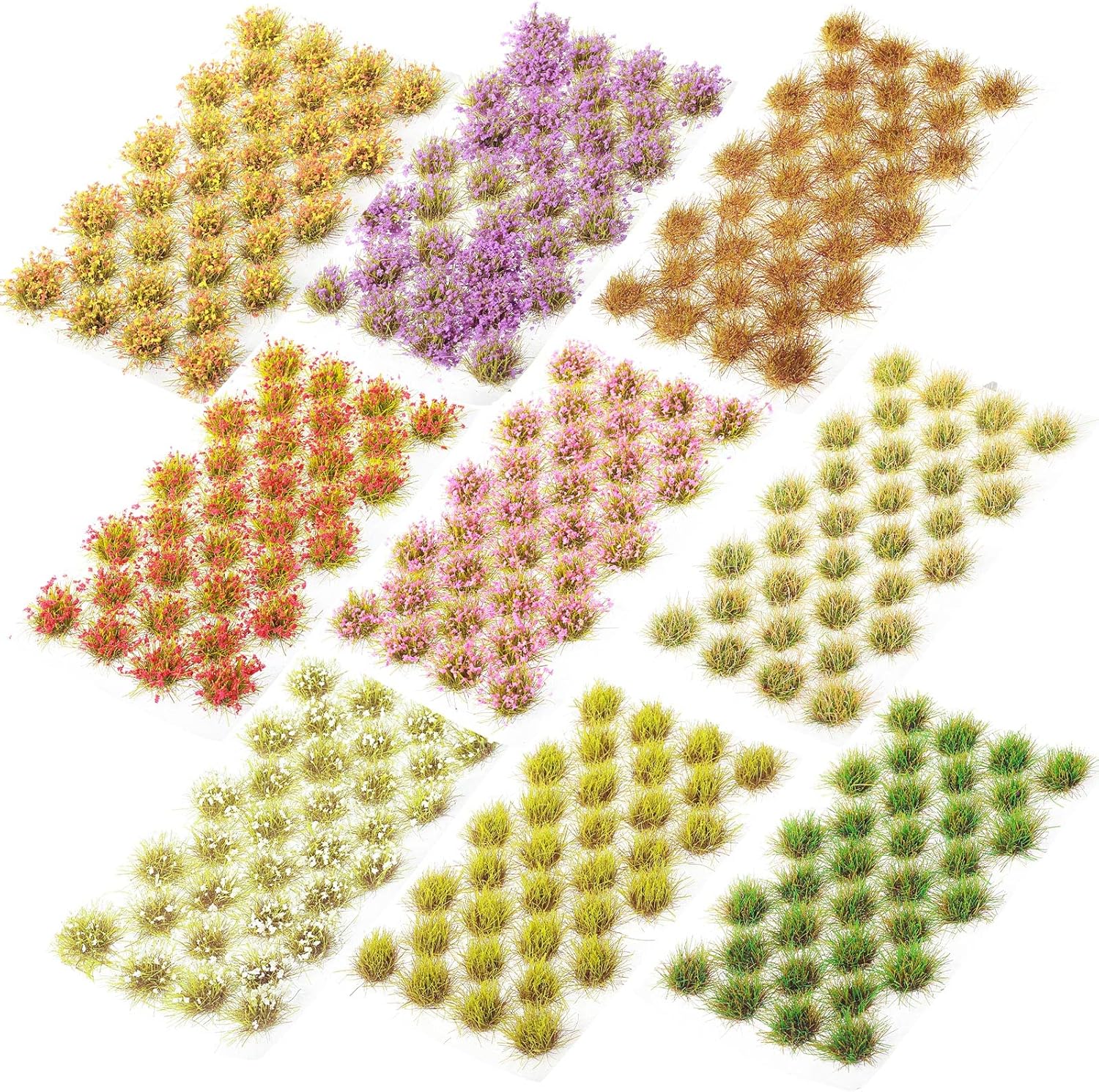 Redbaker 288 Pcs Static Grass Tuft Flower Cluster Vegetation Groups Self Adhesive Artificial Model Grass Tufts DIY Miniature Colorful Flower Cluster for Terrain Railway Scenery Table Landscape