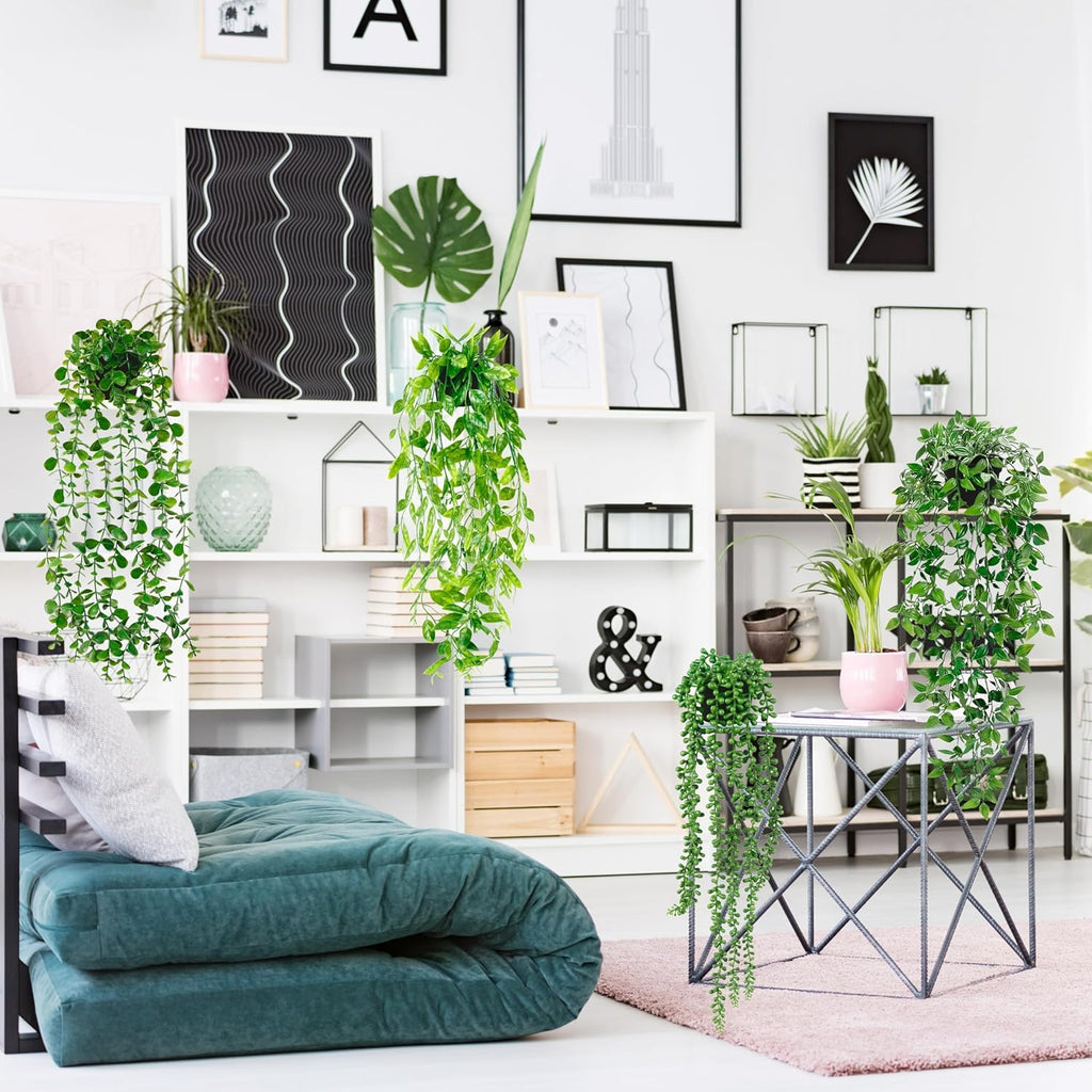 Palonu Artificial Hanging Plants for Shelf, 4 Pack Fake Potted Greenery Faux Eucalyptus Vine, Mandala Vine, String of Pearls,Pea pod Leaves in Pot for Office Living Room Bathroom Indoor Outdoor Décor