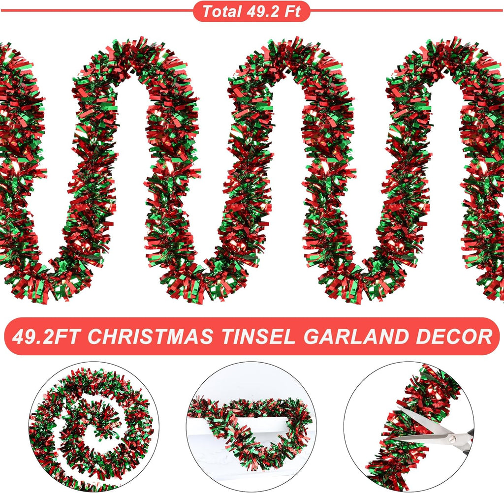 50 Feet Red & Green Christmas Tinsel Garland Metallic Twist Shiny Hanging Garland for Christmas Tree Decorations Xmas Holiday Decor for Home Indoor Outdoor Party Supplies - Red & Green