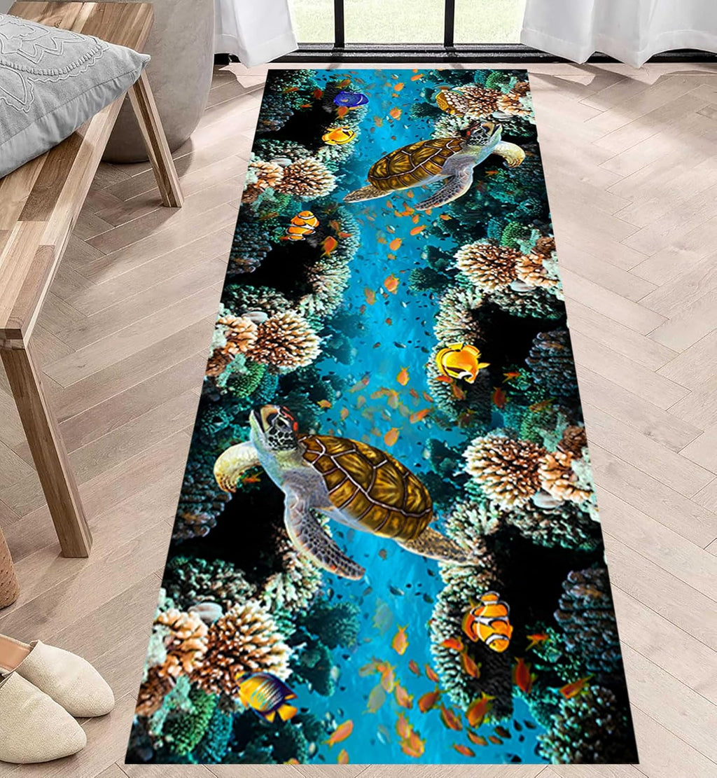 Underwater World Runner Rug, 3.3x10ft, 3D Optical Marine Animals Sea Turtle Clownfish Coral Blue Coastal Rug, Nautical Themed Decor Area Rug for Entryway Foyer Kitchen Bedroom