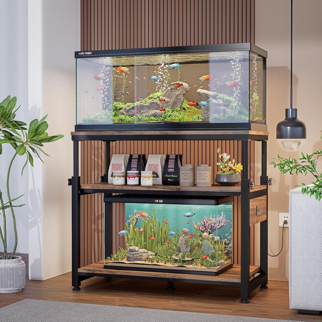 30-40-50 Gallon Aquarium Stand with Storage, 3-Tier Metal Fish Tank Stand with Power Outlet & Adjustable Height, Heavy Duty Turtle Tank Stand for Living Room Bedroom Office, Rustic Brown