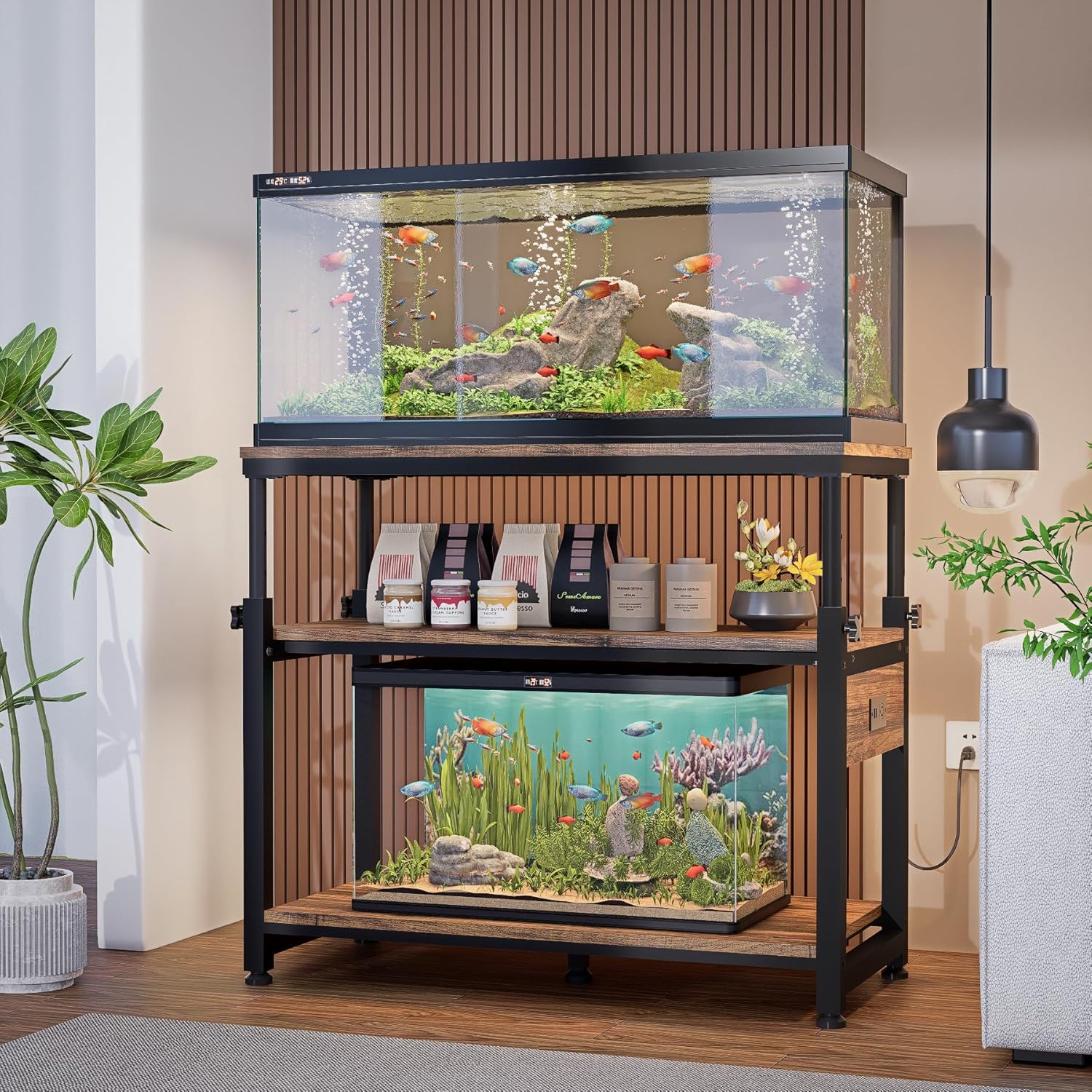 30-40-50 Gallon Aquarium Stand with Storage, 3-Tier Metal Fish Tank Stand with Power Outlet & Adjustable Height, Heavy Duty Turtle Tank Stand for Living Room Bedroom Office, Rustic Brown