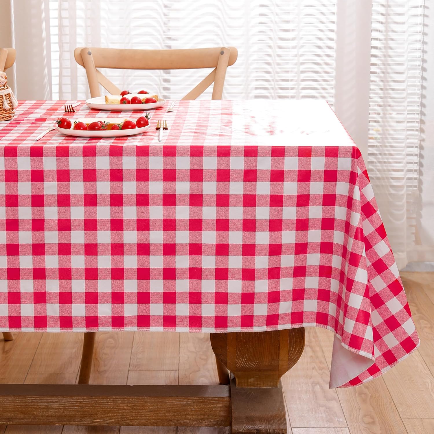 Heavy Duty Vinyl Tablecloth with Flannel Backing Waterproof Oil-Proof Plastic Table Cloth Stain-Resistant Wipeable Rectangle or Square Table Cover for Indoor and Outdoor (Red Checkered, 54x54 Inch)