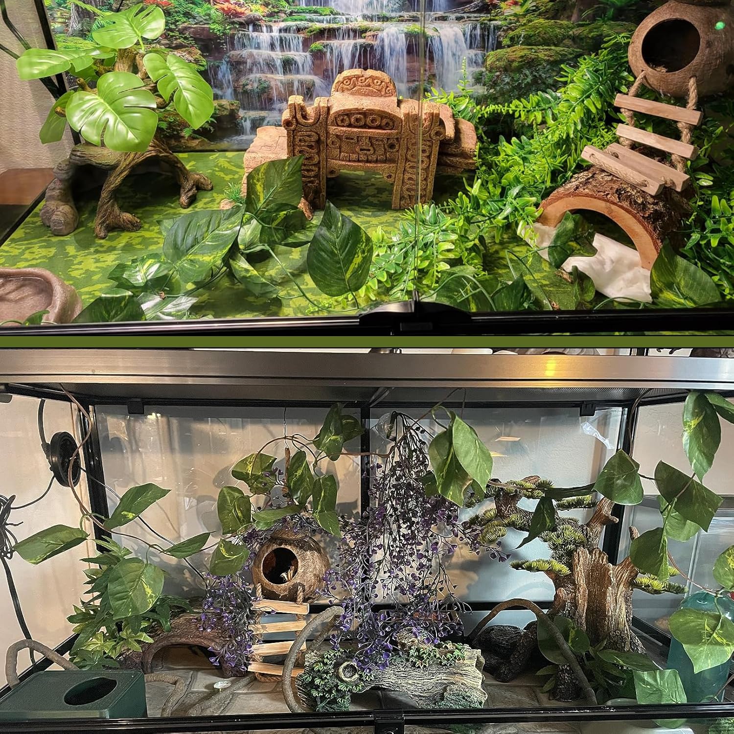 Crested Gecko Coconut Hut with Ladder,Bearded Dragon Coco Den Reptile Shell Hideout Husk Hut Climbing Plants Leaves Tank Accessories for Lizard Chameleon Snakes