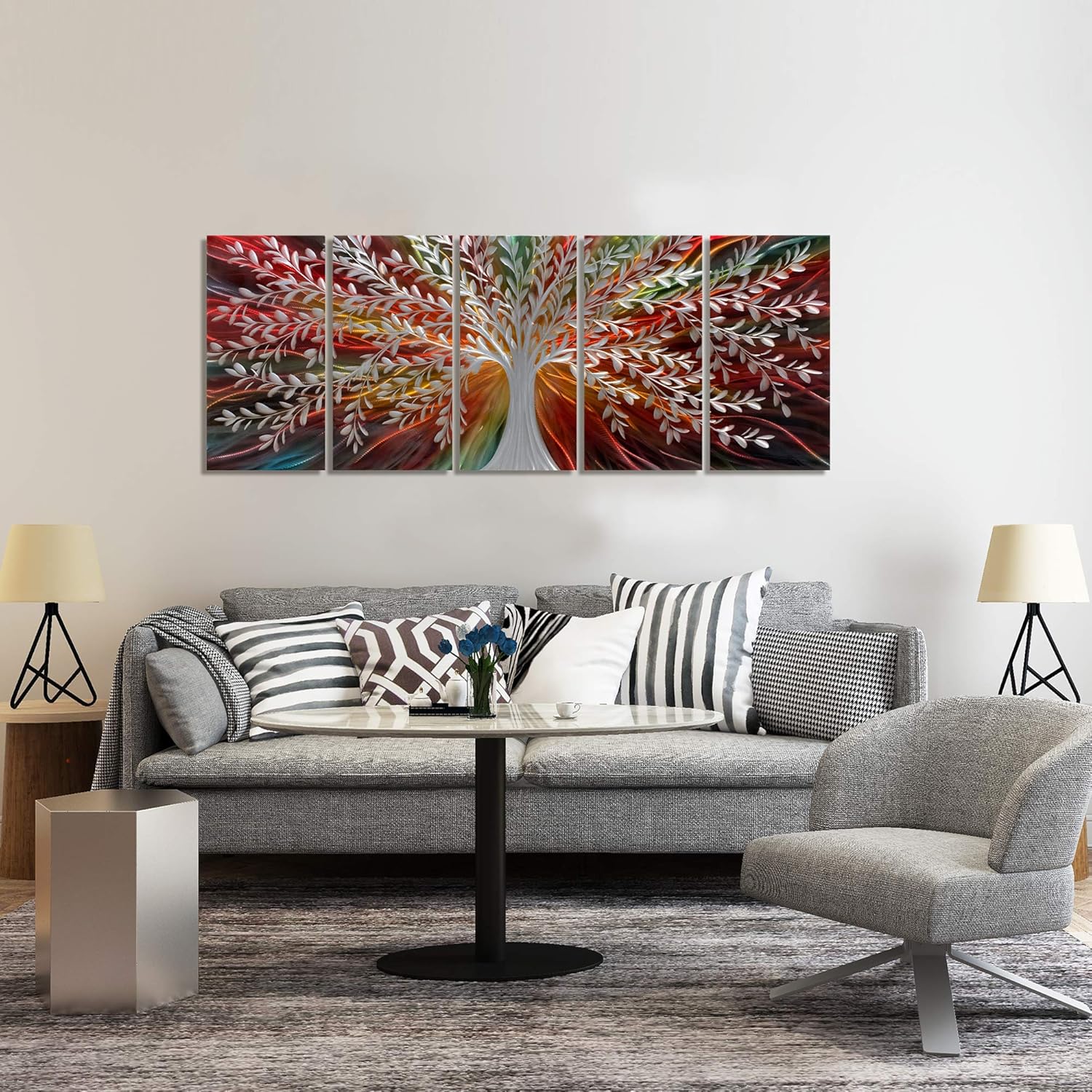 BATRENDY ARTS Coloful Metal Tree Wall Art Brown Red Artwork Decor Silver Willow Large Hanging Scuplture 5 Panels for Bedroom