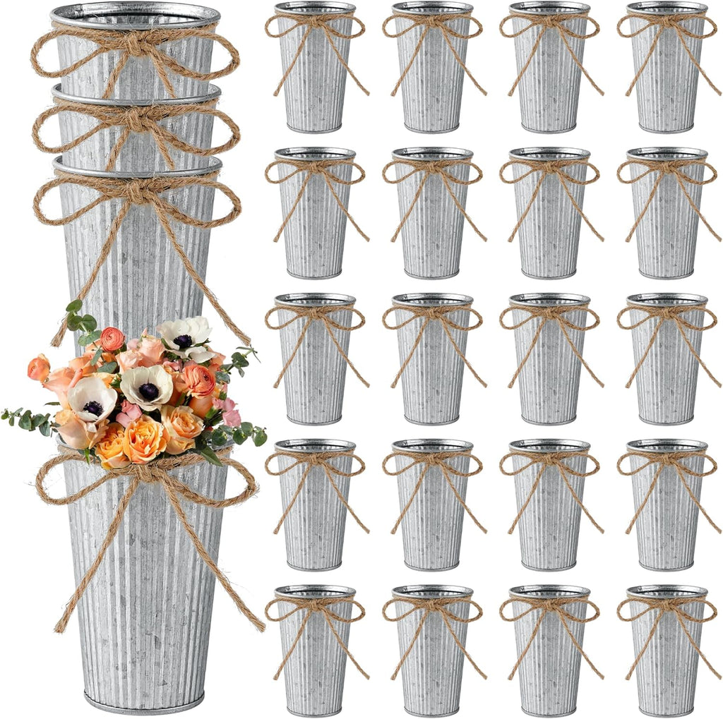 24Pcs Small Galvanized Metal Vases for Centerpieces, Flower Buckets with Twine Bow, 4 Inch Artificial Floral Vase in Bulk Rustic Home Decor, Silver