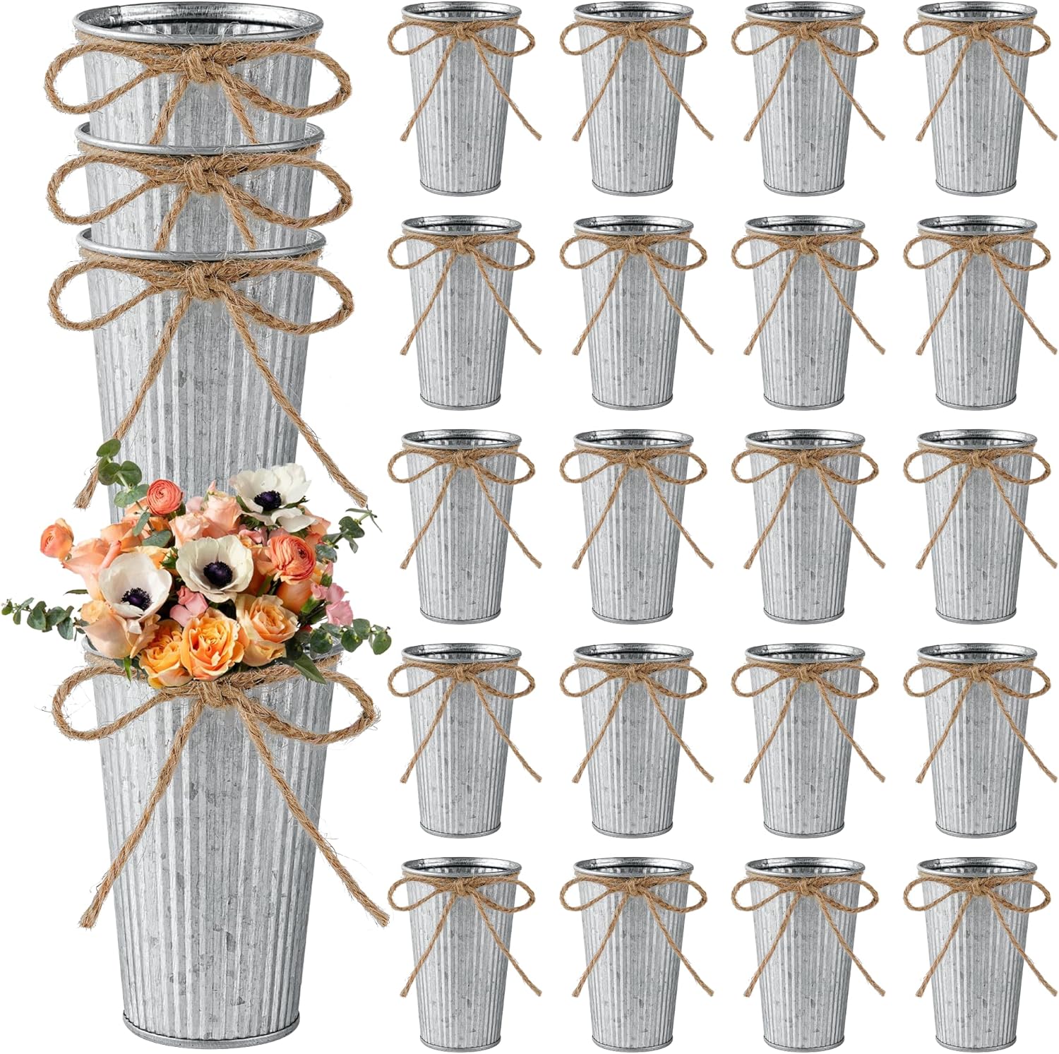 24Pcs Small Galvanized Metal Vases for Centerpieces, Flower Buckets with Twine Bow, 4 Inch Artificial Floral Vase in Bulk Rustic Home Decor, Silver