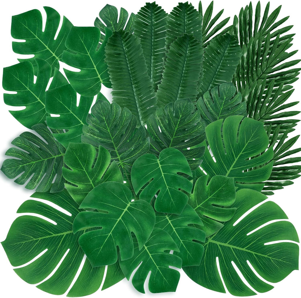 Sggvecsy 34 Pieces 6 Kinds Artificial Tropical Palm Leaves Tropical Leaves Monstera Leaves Safari Jungle Leaf with Stems for Hawaiian Luau Party Beach Table Wedding Shower Birthday Theme Decorations