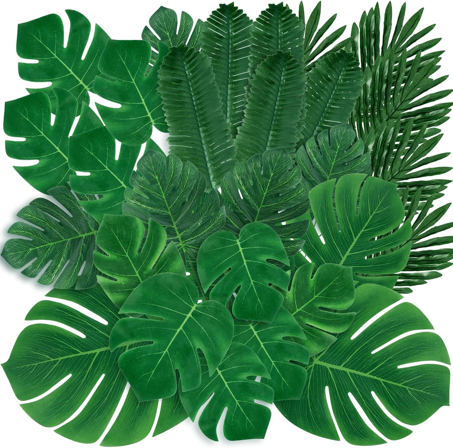 Sggvecsy 34 Pieces 6 Kinds Artificial Tropical Palm Leaves Tropical Leaves Monstera Leaves Safari Jungle Leaf with Stems for Hawaiian Luau Party Beach Table Wedding Shower Birthday Theme Decorations