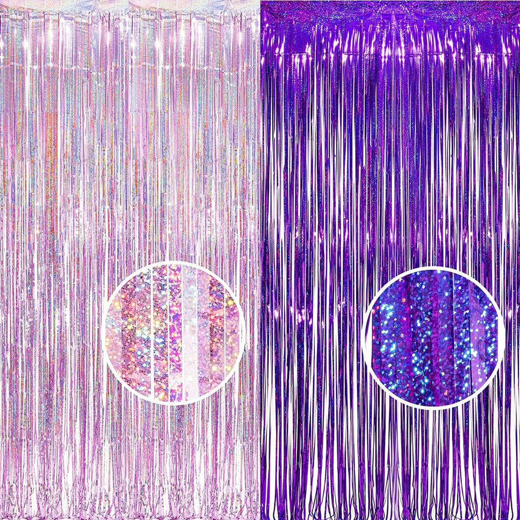BRAVESHINE 1 Purple 1 Pink Streamers Party Backdrop - 3.2 ft x 8.2 ft Metallic Tinsel Foil Fringe Curtains for Hunters/Christmas/Girl/Women/Birthdays/Engagement/Bridal Shower/Bachelorette Decorations