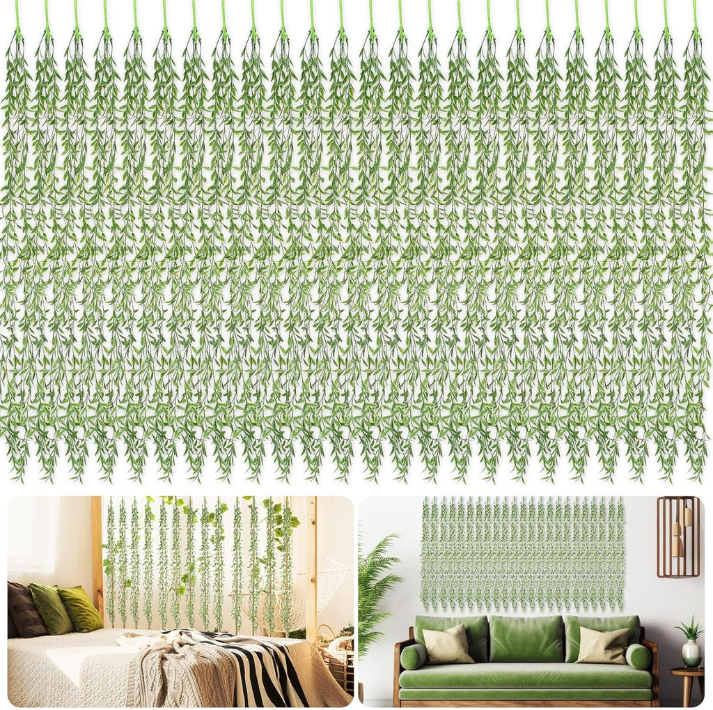 Riceshoot 48 Pcs Artificial Hanging Vines Fake Weeping Willow Leaves Decor Fake Seaweed Artificial Vines Greenery Garland for Wedding Party Backdrop Wall Decor Garden Patio Backyard (Dark Green)