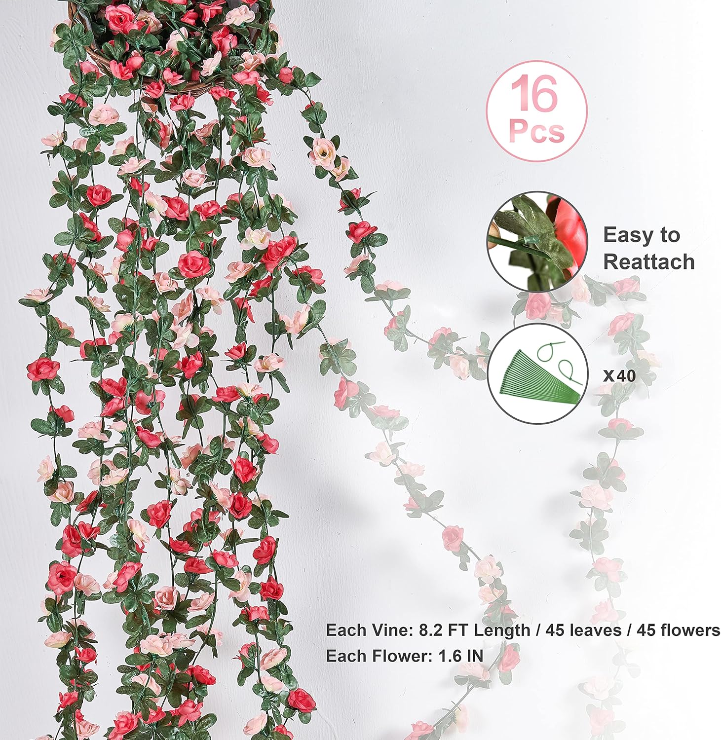 BLEUM CADE 16Pcs 131.2Ft Flower Garland Artificial Rose Vines for Bedroom, Cute Fake Hanging Flower Vines Floral Garland Decorations for Wedding Party Wall Room Decor Aesthetic