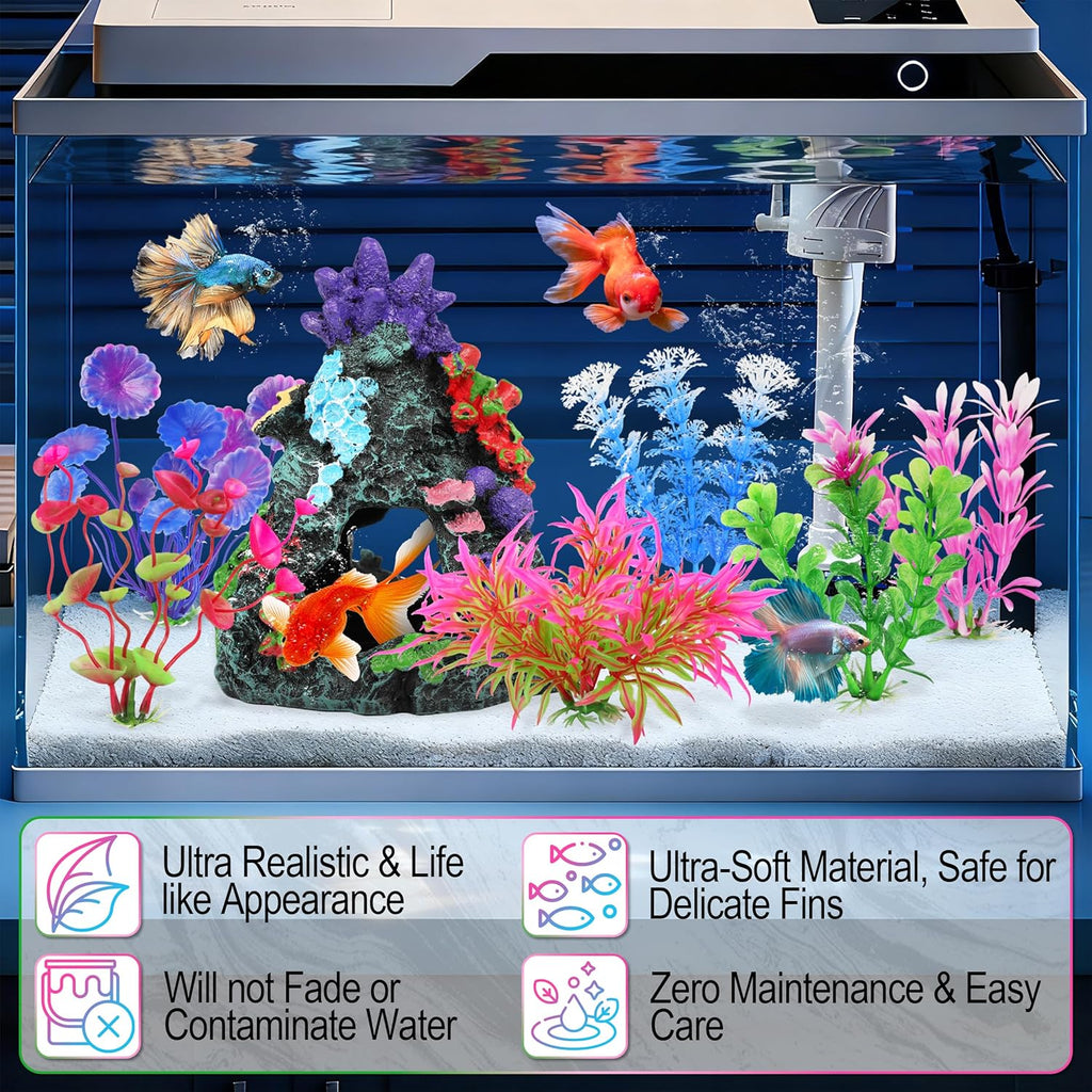 MyLifeUNIT Fish Tank Plants, 7 Pieces Colorful Aquarium Plants and Coral Reef Set for Fish Tank Decoration, Mountain Cave Ornament for Betta, Goldfish to Breed, Play and Rest
