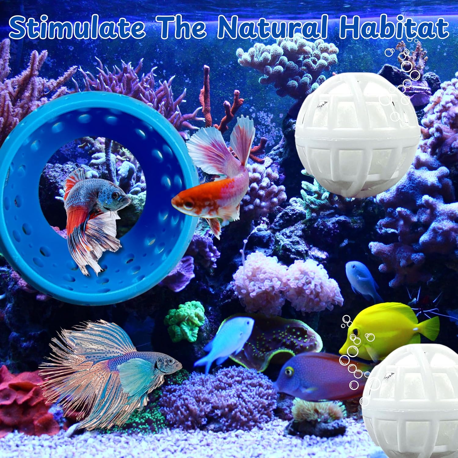 Betta Hideout Resting Spot with 2pcs Filter Ball, Aquarium Betta Tunnel And Nitrifying Balls, Hideout Tunnel Shrimp Cave Aquarium Decor, Fish Tank Decoration For Small Aquatic Shrimp Guppy (Blue)