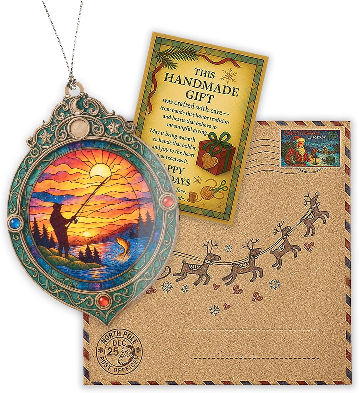 Fishing Ornament – Fisherman Decor – Bass Fishing Gift – Outdoor Cabin Ornament – Fisherman Card for Dad – Suncatcher Effect Stained Glass Window – Car Hanging