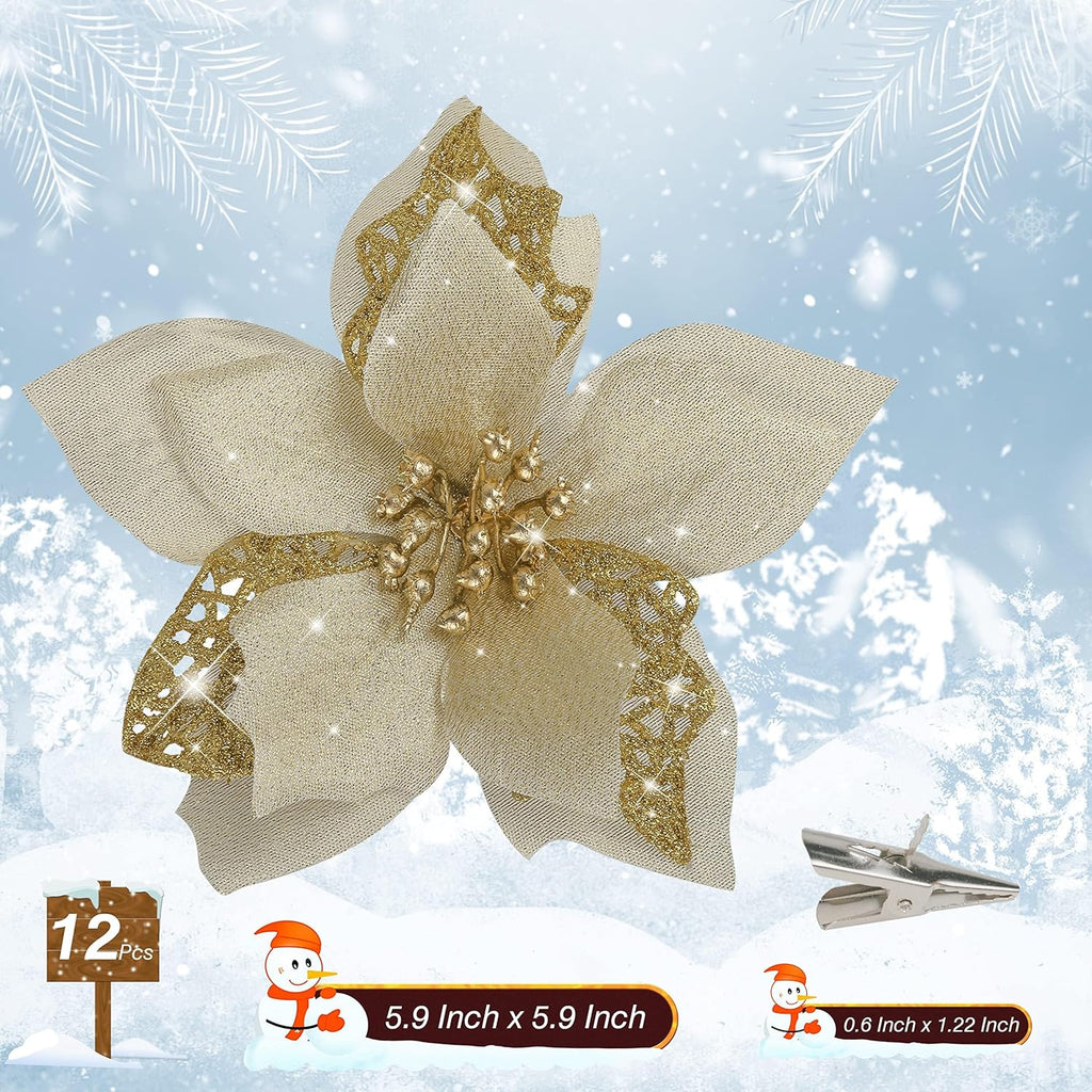 Childom 12 PCS Poinsettia Flower Artificial Poinsettia Christmas Decoration 5.9'' Gold Glitter Poinsettias Christmas Ornaments Xmas Tree Flower Decor with Clips DIY Xmas Wreath Holiday Home Party