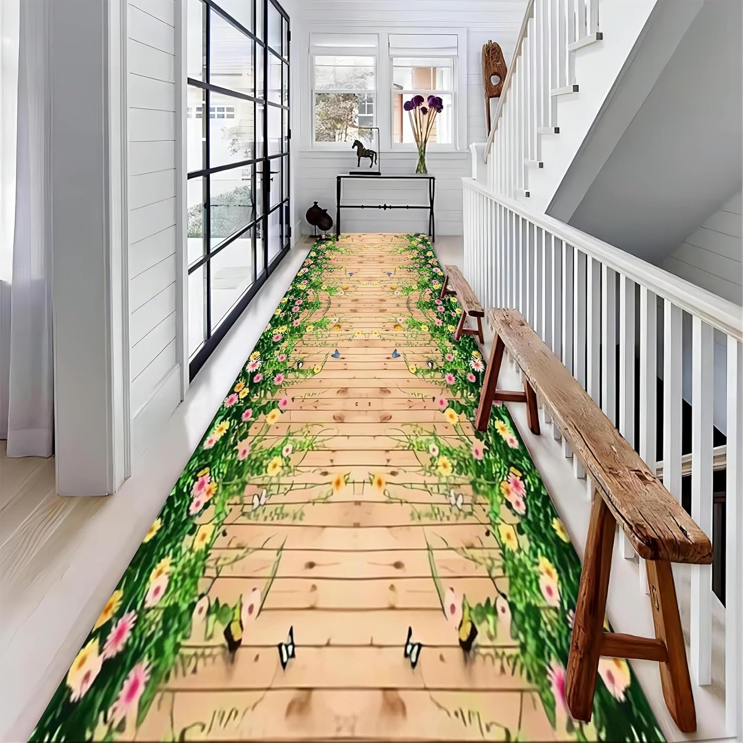 3D Grassland Long Hallway Rug Runners, 3.3x10ft, Park Butterfly Flower Entryway Mat, Low Pile Non-Shedding Easy Clean Fade Resistant with Non Slip Backing Mats for Indoor Bedside Sofa