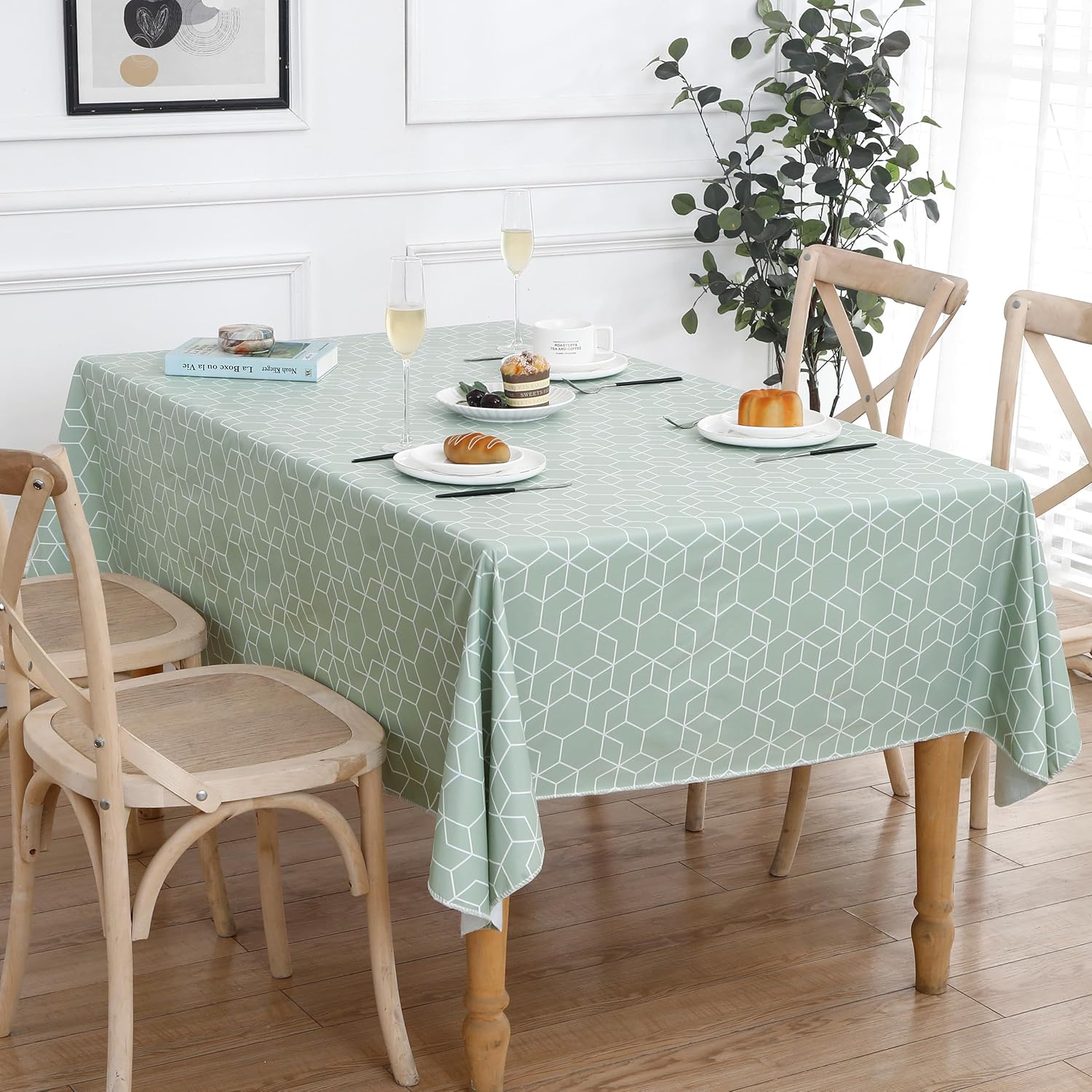 Heavy Duty Vinyl Tablecloth with Flannel Backing Waterproof Oil-Proof Plastic Table Cloth Stain-Resistant Wipeable Rectangle or Square Table Cover for Indoor and Outdoor (Green Grid,54x54 Inch)