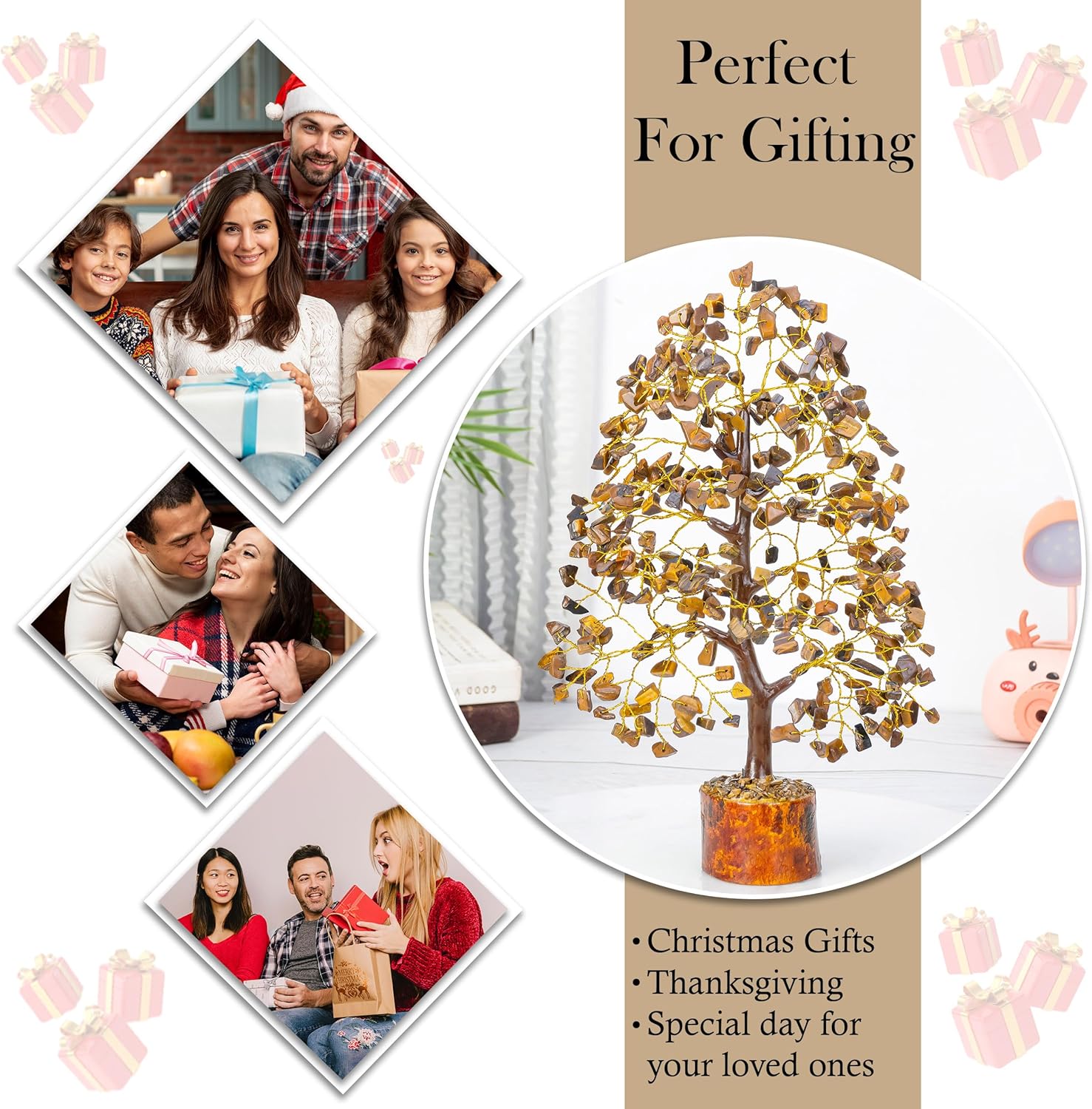 Crocon Tiger Eye Gemstone Tree of Life - Crystal for Feng Shui Decor - Chakra Money Bonsai Tree, Good Luck Healing Crystals Meditation Stones, Spiritual Unique Gift 10-12"""