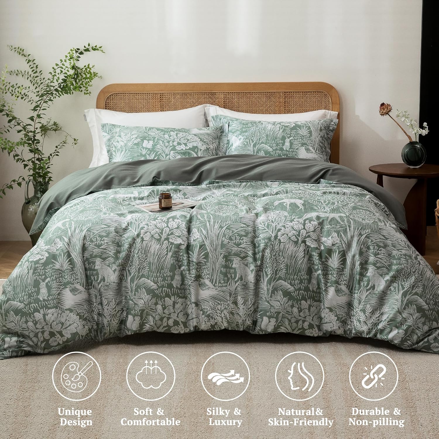 MILDLY Twin Size Duvet Cover Set 100% Long-Staple Cotton Luxury Green Floral Patten Reversible Comforter Cover Set 2Pcs