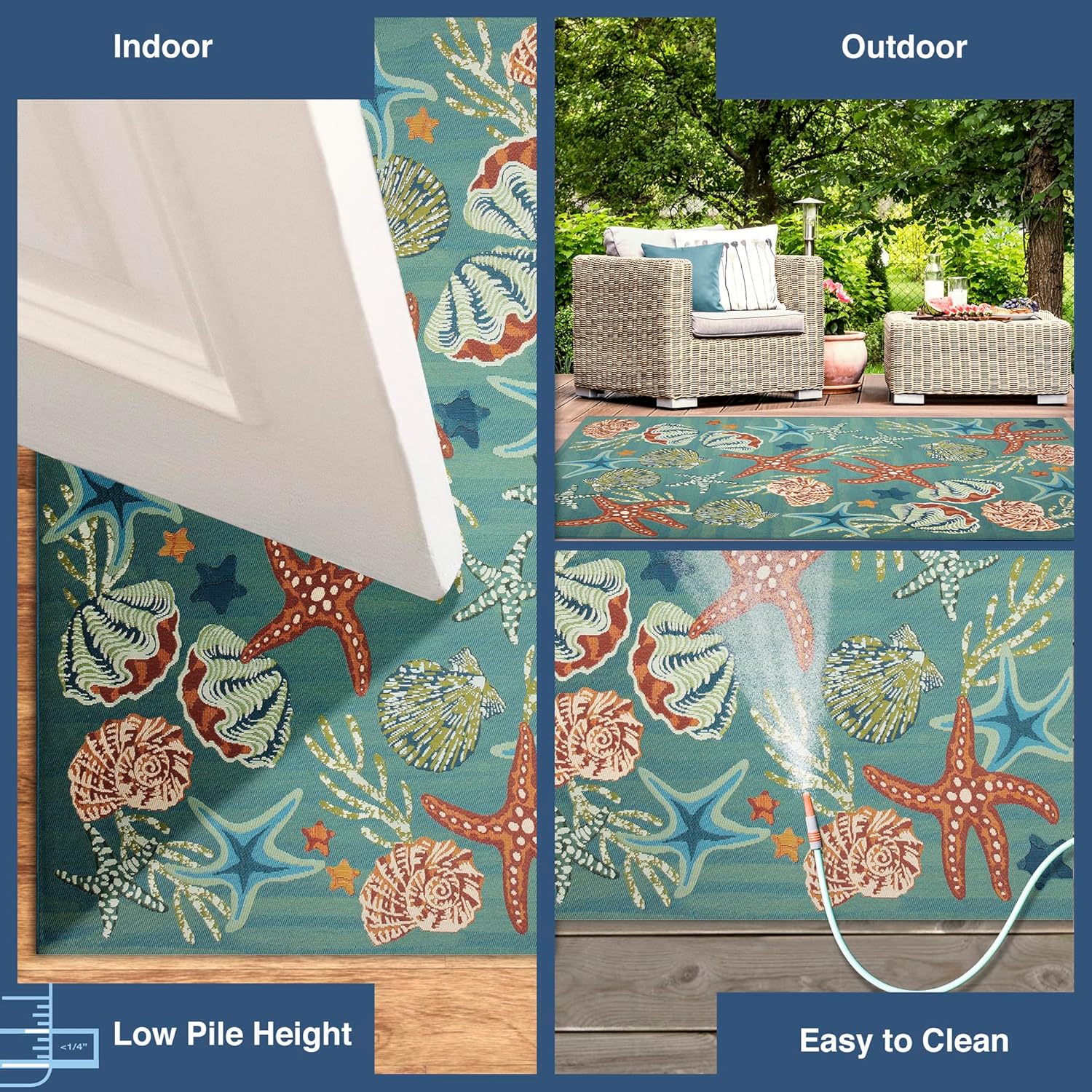 Liora Manne Marina Indoor/Outdoor Power Loomed Synthetic Blend Low Profile Area Rug - Transitional Graphic Coastal Animal Colorful (Starfish Song Aqua) (6'6" x 9'4")