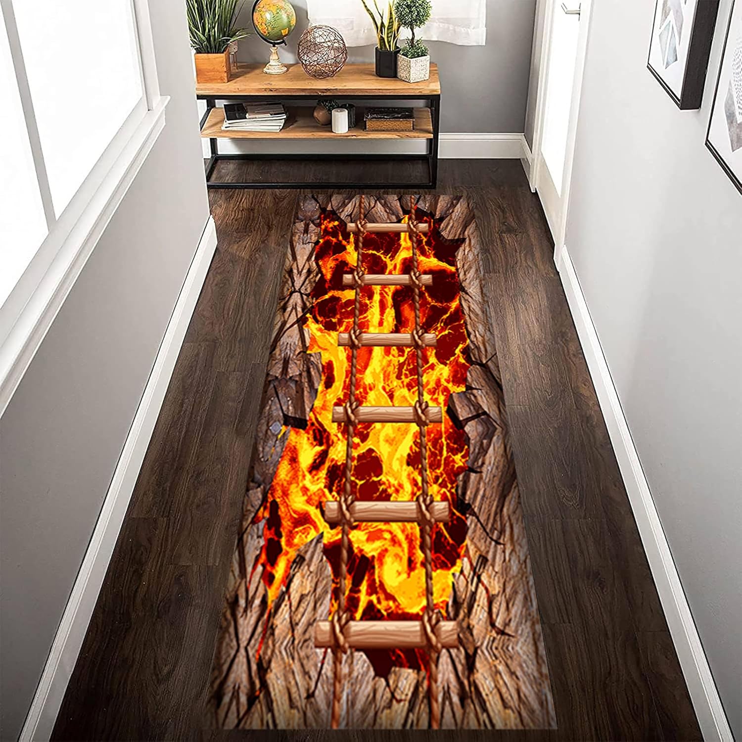 3D Optical Illusion Volcano Hallway Rug, 2.6x10ft, Crater Lava Texture Rock Suspension Bridge Fun Sensation of Falling Runner Rug, Low Pile Thin Foldable Carpets for Patio Nursery Entrance