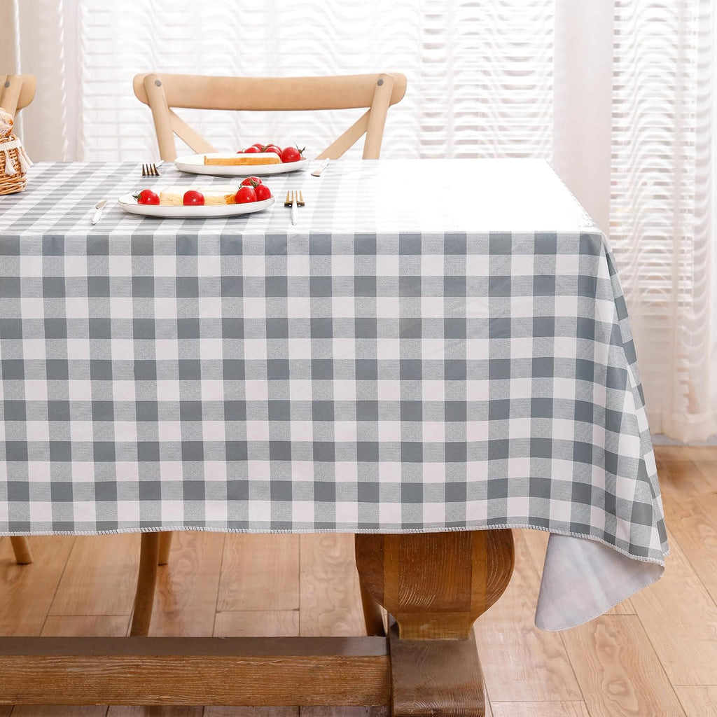 Heavy Duty Vinyl Tablecloth with Flannel Backing Waterproof Oil-Proof Plastic Table Cloth Stain-Resistant Wipeable Rectangle or Square Table Cover for Indoor and Outdoor (Grey Checkered, 60x102 Inch)