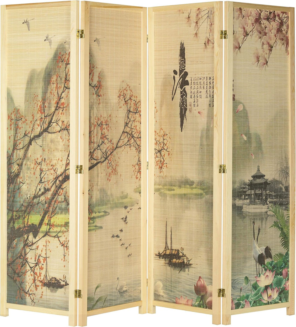 MyGift 4-Panel Folding Bamboo Room Divider Asian-Inspired Cherry Blossom Scene, 6 FT Freestanding Floral Artwork Room Partitioner with Beige Wood Frame