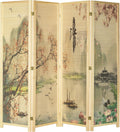 MyGift 4-Panel Folding Bamboo Room Divider Asian-Inspired Cherry Blossom Scene, 6 FT Freestanding Floral Artwork Room Partitioner with Beige Wood Frame