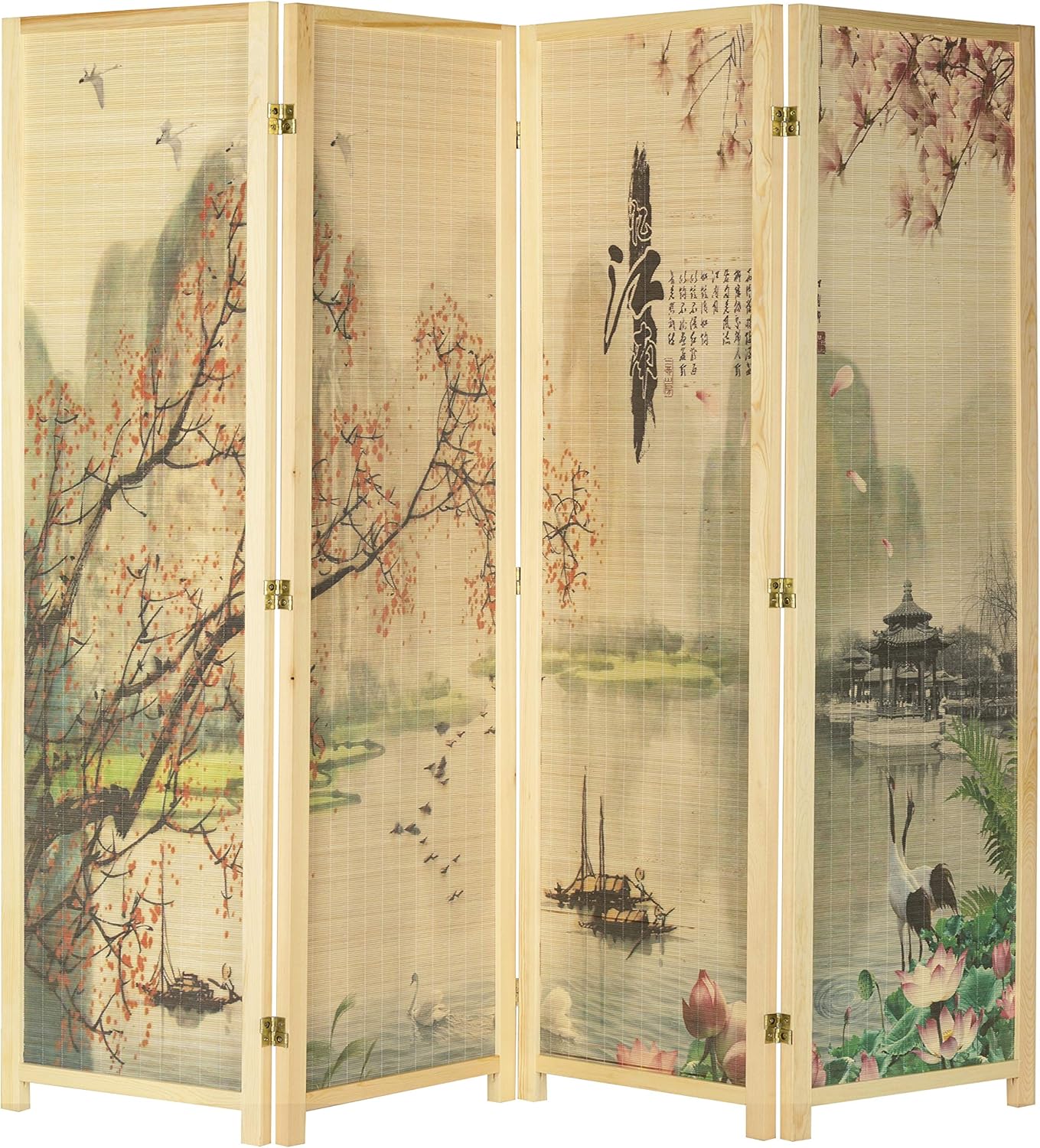 MyGift 4-Panel Folding Bamboo Room Divider Asian-Inspired Cherry Blossom Scene, 6 FT Freestanding Floral Artwork Room Partitioner with Beige Wood Frame