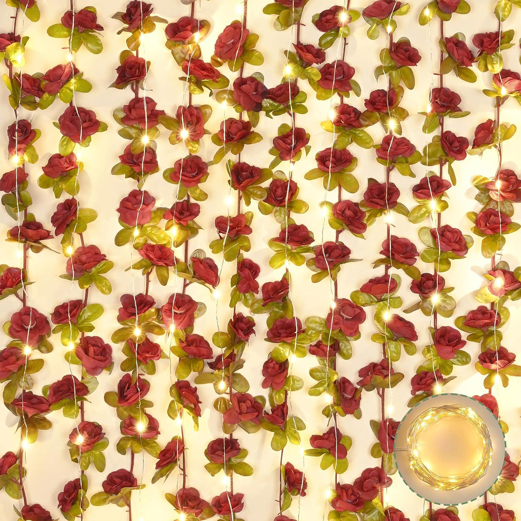 BLEUM CADE 5Pcs 41Ft Flowers Garland Artificial Rose Vines with 32.8Ft String Lights, Cute Fake Hanging Flower Vines Floral Garland Decorations for Wedding Party Wall Room Decor Aesthetic