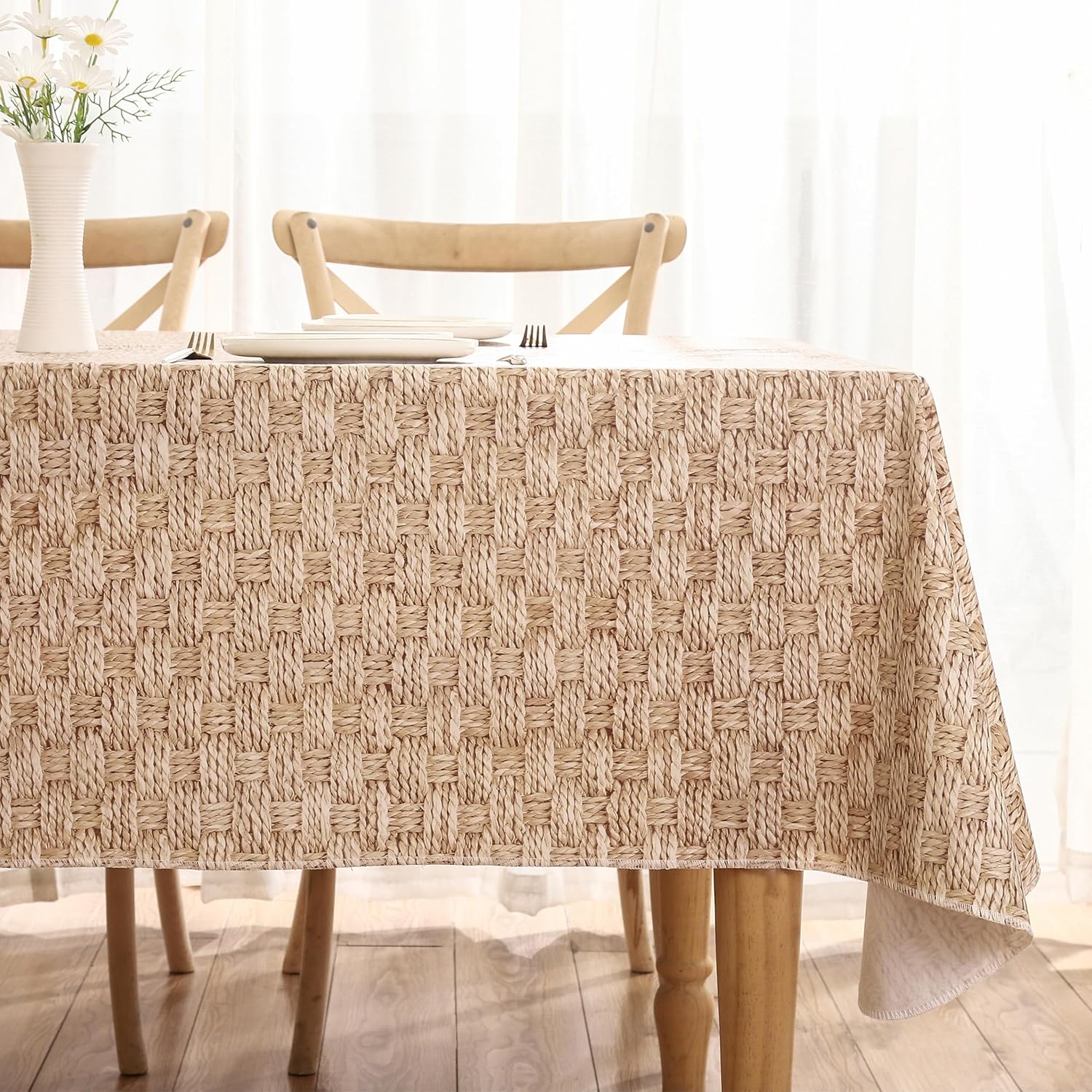 Walrus Heavy Duty Vinyl Tablecloth with Flannel Backing Waterproof Oil-Proof Plastic Table Cloth Stain-Resistant Wipeable Rectangle or Square Table Cover for Indoor and Outdoor (Weave, 60X102 Inch)