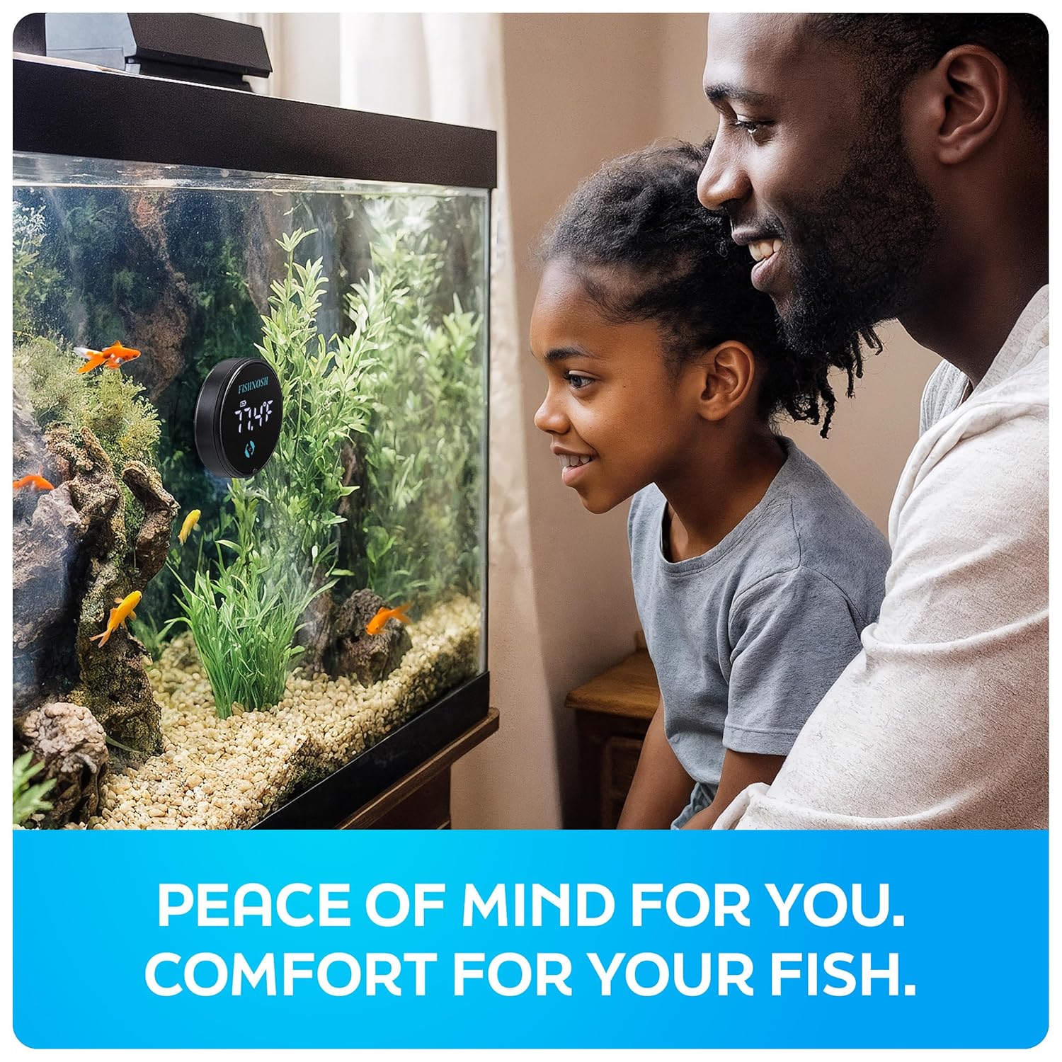 FISHNOSH Aquarium Thermometer | Rechargeable USB Type-C Fish Tank Thermometer w/Glowing Digits, Battery Indicator, Smart Sensor Positioning | 2.5” x 0.5” Fish Tank Temperature Gauge w/Charging Cable
