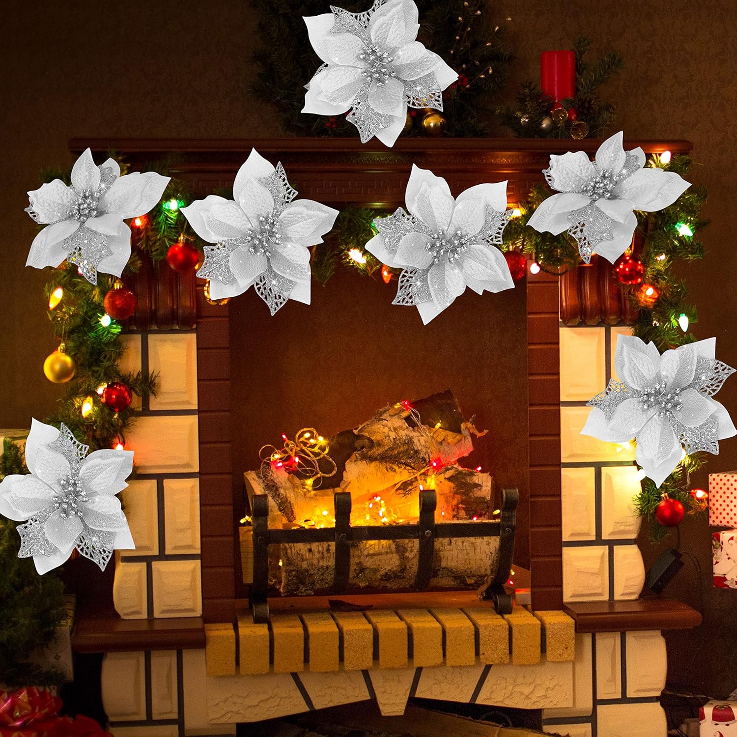Childom 12 PCS Poinsettia Flower Artificial Poinsettia Christmas Decoration 5.9'' Silver Glitter Poinsettias Christmas Ornaments Xmas Tree Flower Decor with Clips DIY Xmas Wreath Holiday Home Party