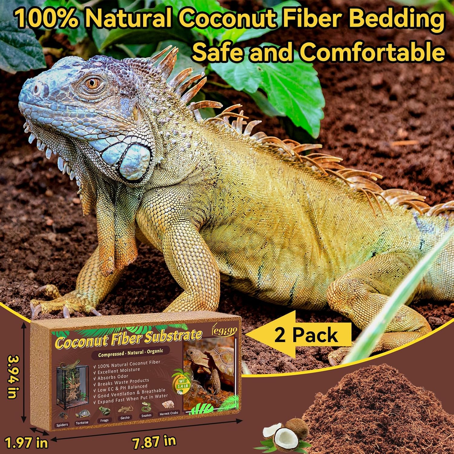 Legigo 2 Pack Compressed Coconut Fiber Substrate - 100% Organic Coconut Fiber Brick Bedding for Reptiles, Natural Coco Husk Substrate Terrarium Bedding for Snake, Hermit Crabs, Frogs, Tortoise, Gecko