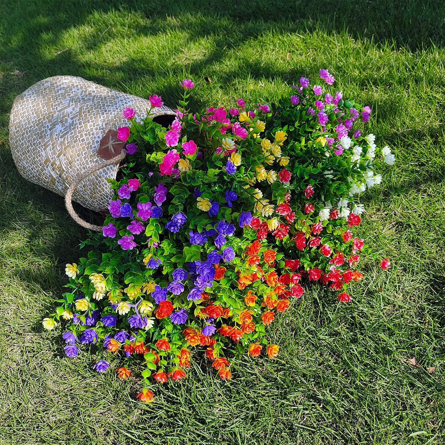 21 Bundles Outdoor Faux Plants UV Resistant Faux Bushes Plastic Artificial Flowers Fake Outdoor Plants for Home Garden Decor (7 Colors)