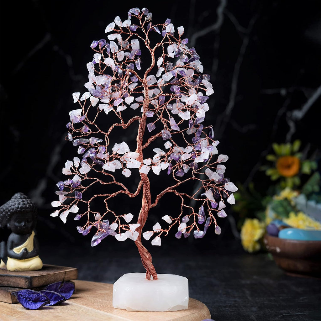 Amethyst & Rose Quartz Crystal Tree Gemstone Tree of Life Quartz Base Chakra Bonsai Tree for Room, Office Decor Spiritual Meditation Birthday Gift for Women Mom her Sister Housewarming Gifts Home
