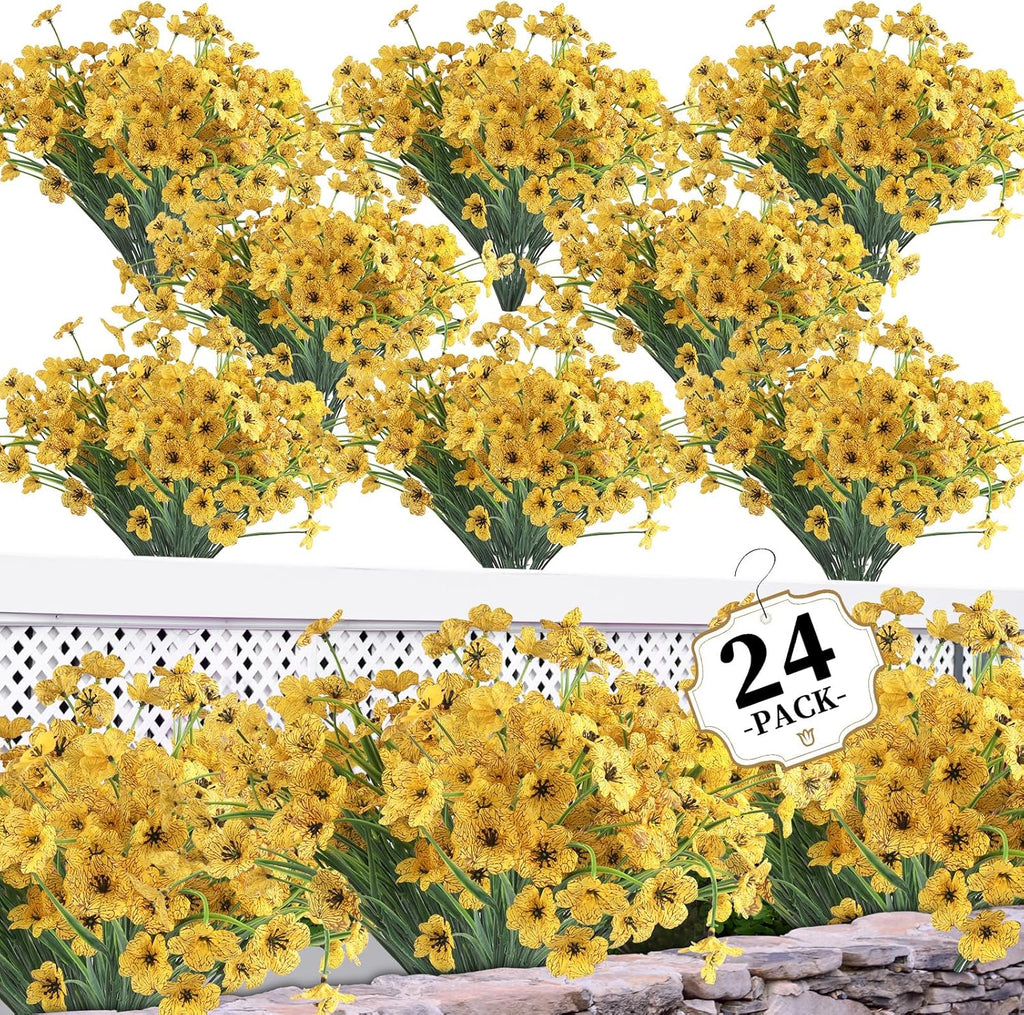24 Yellow Bundles Artificial Flowers for Outdoors/Indoors Fake Flowers Plants for Indoor Outside Garden Porch Window Box Home Wedding Farmhouse